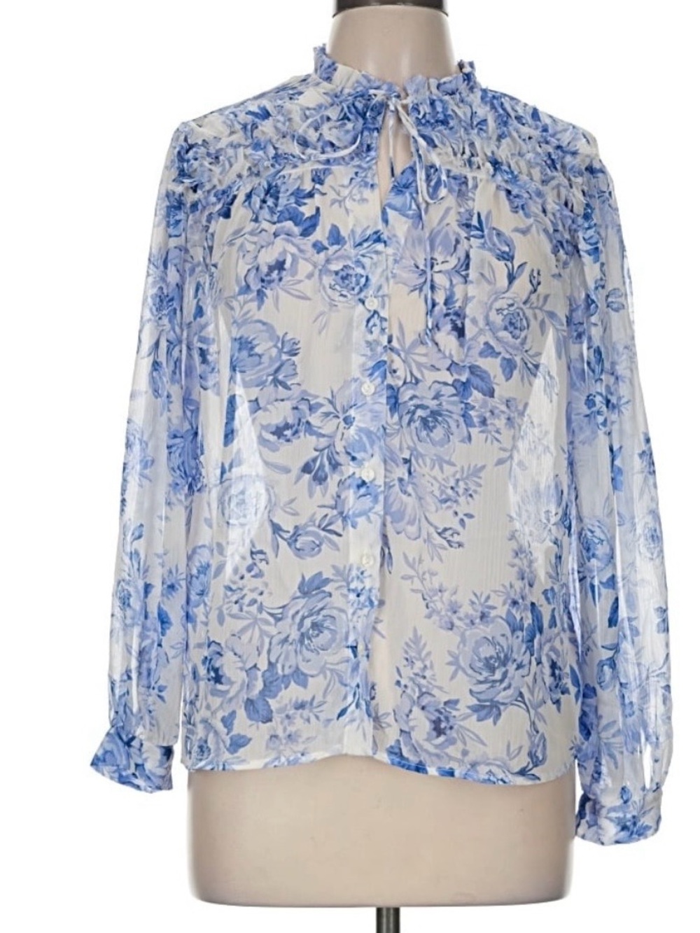 Zara Blue and White Floral Tie-Neck Sheer Blouse